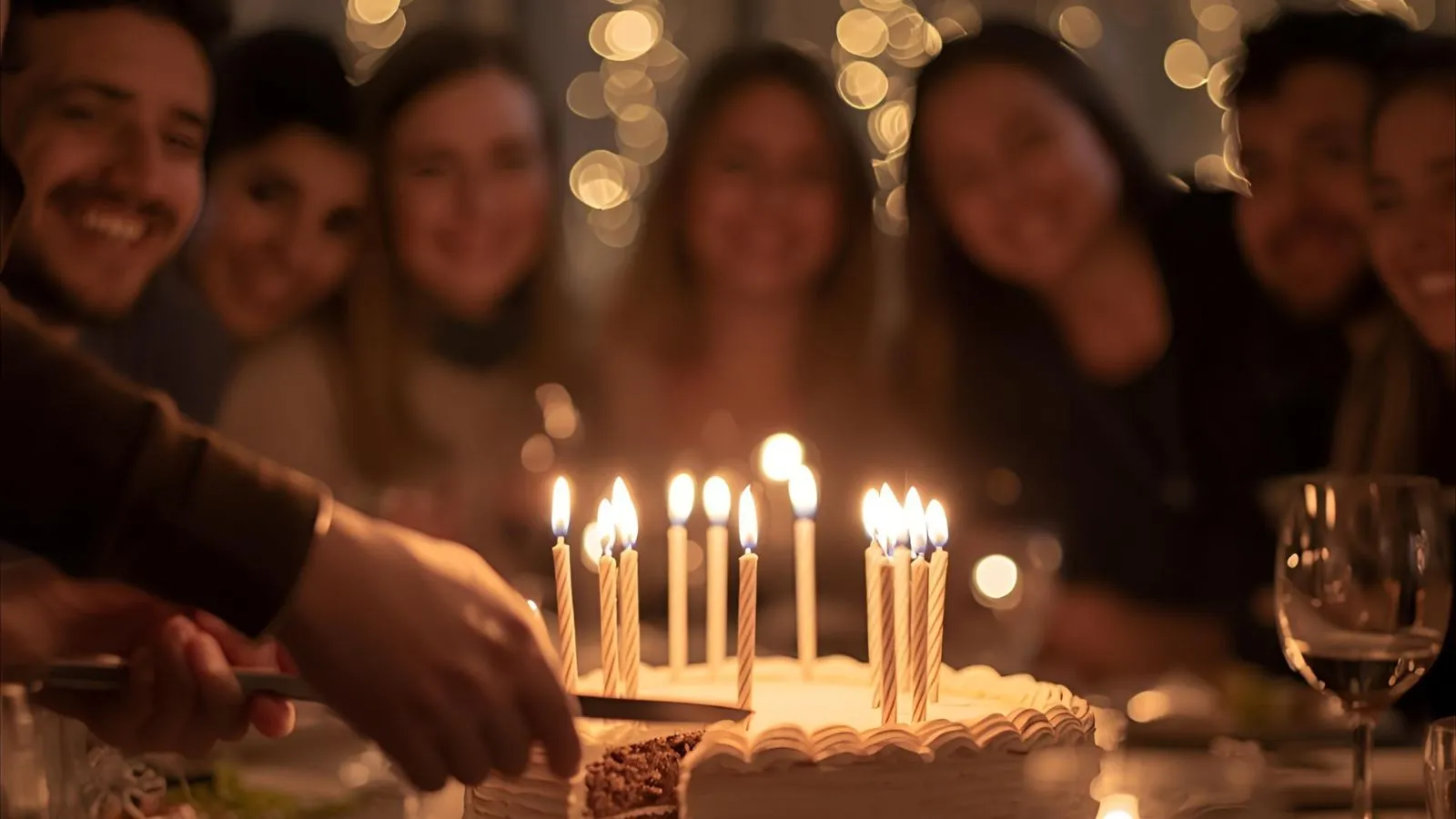 Hands cutting a birthday cake with lit candles while friends smile around the table.