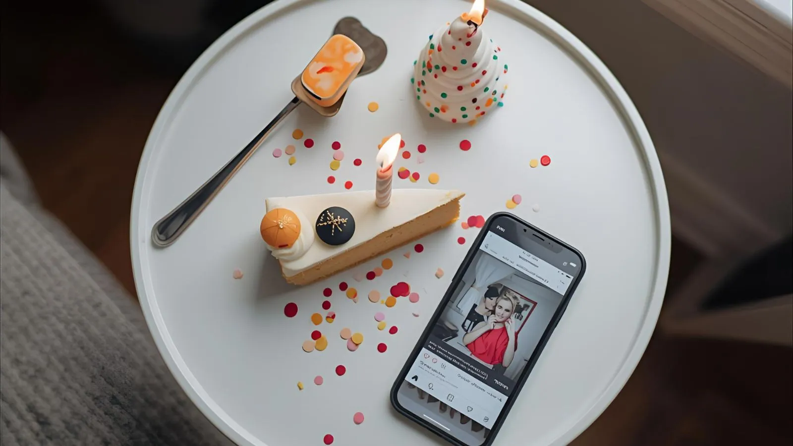 Solo birthday flat-lay with cake slice, candle, confetti, and phone drafting a caption.