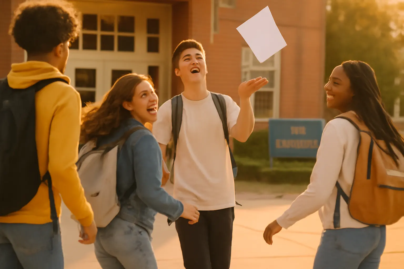 Students walking out of a school building at sunset on the last day of school.