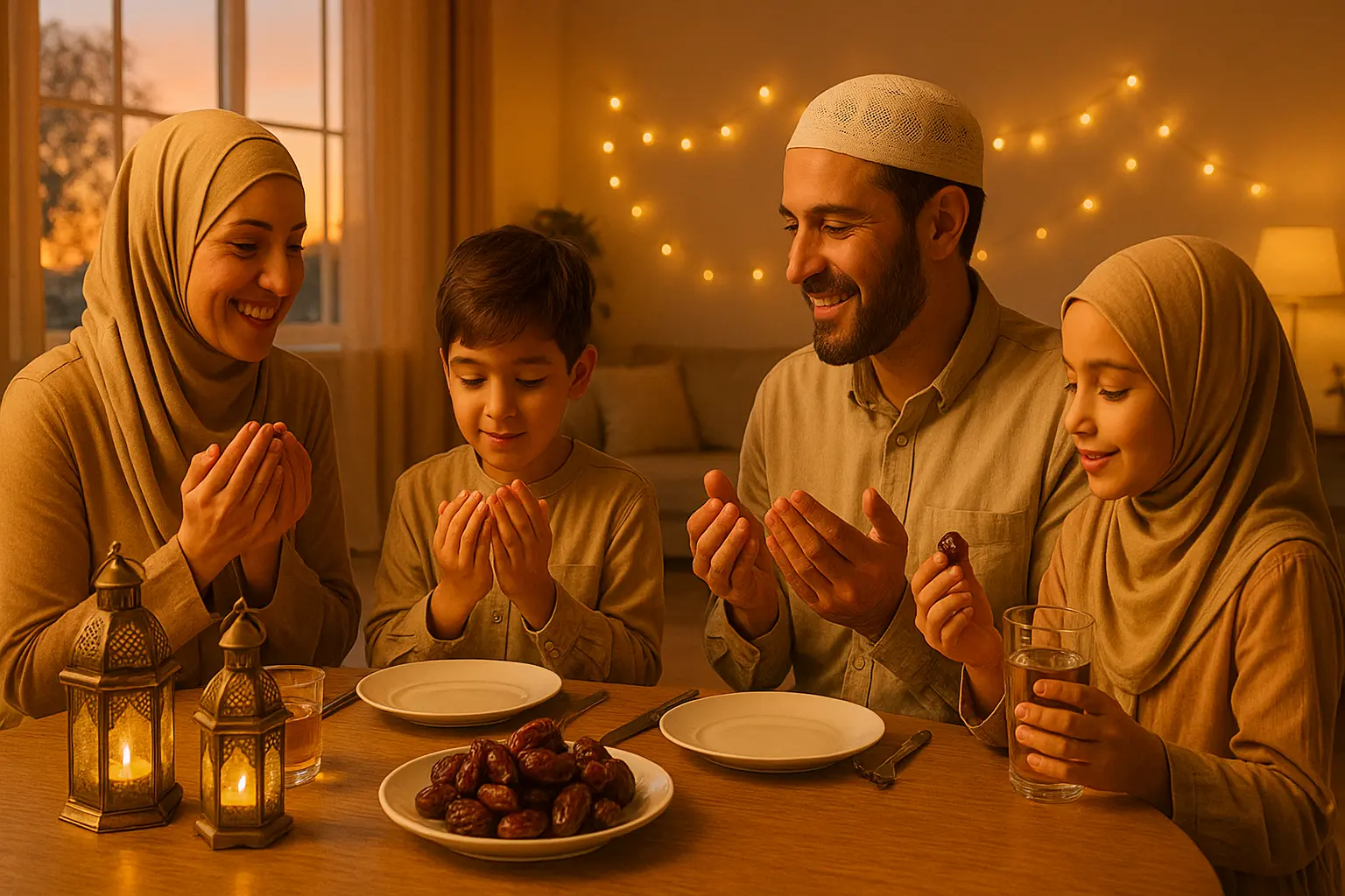 Family sitting around an iftar table at home during Ramadan with warm lantern light.