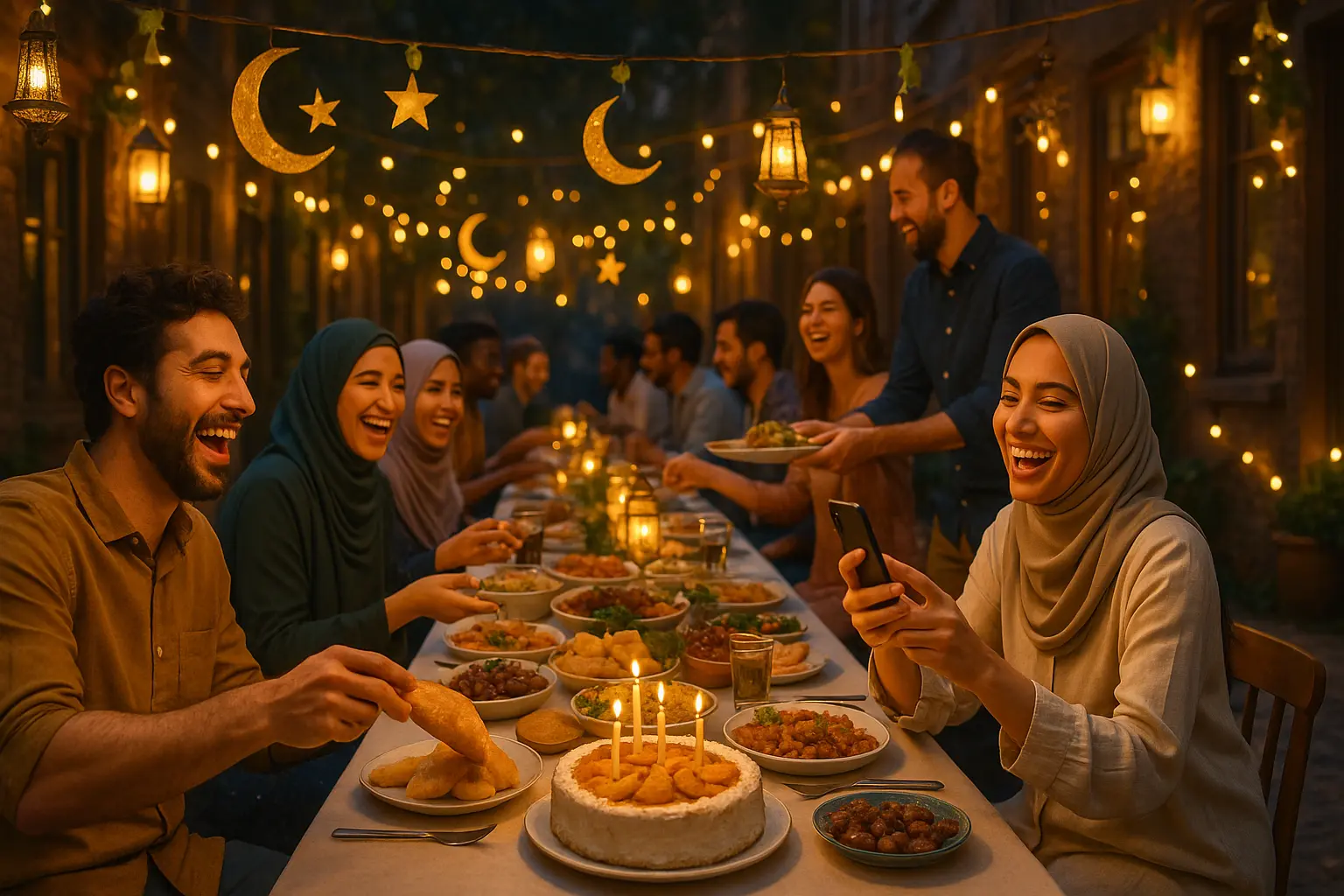 Group of friends sharing an outdoor iftar meal at a long table decorated with Ramadan lanterns and lights.