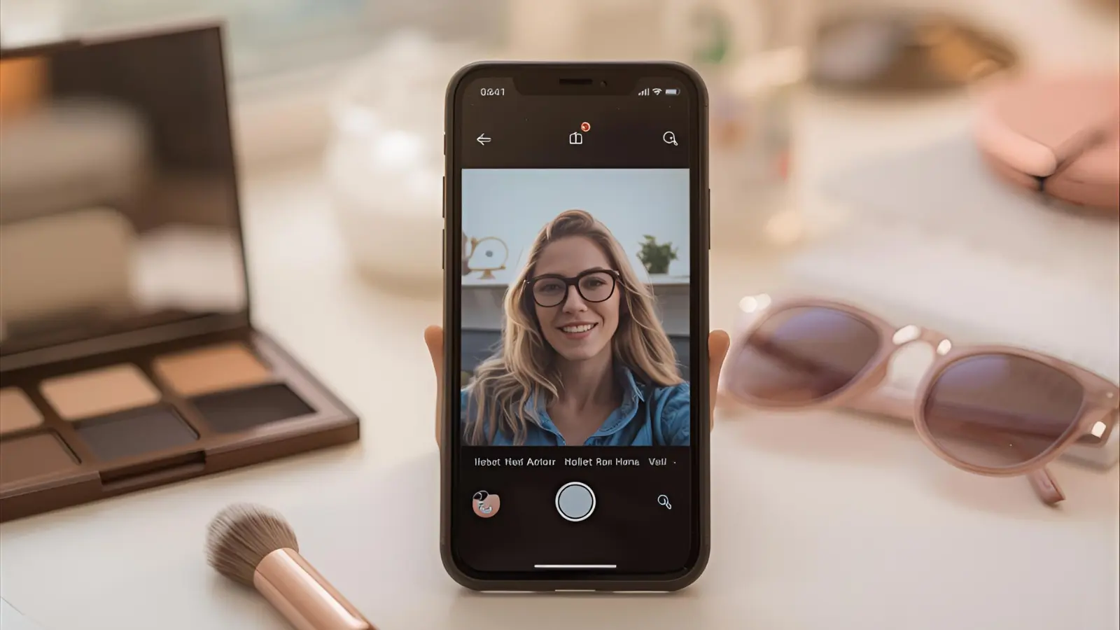 Smartphone filming TikTok near makeup and notebook in soft morning light.
