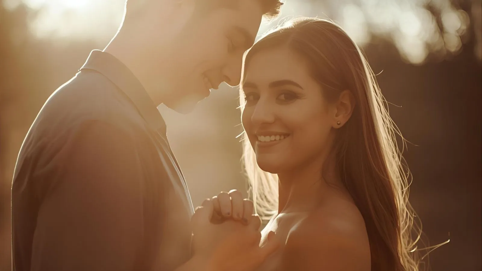 Couple holding hands in warm light with soft bokeh.