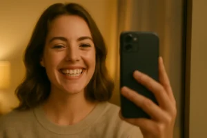 A joyful young woman taking a selfie in a cozy room, reflecting her smile in a mirror.