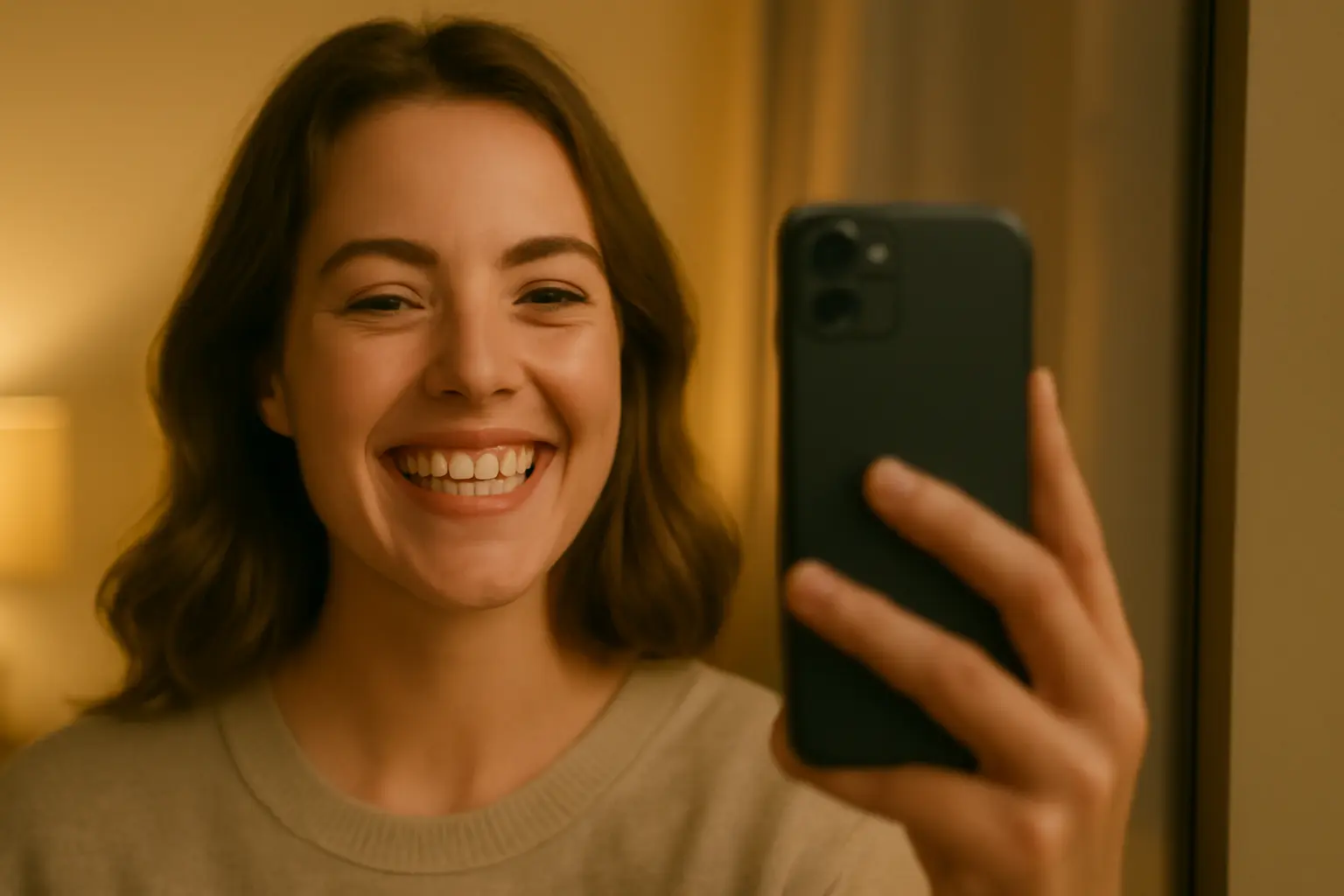 A joyful young woman taking a selfie in a cozy room, reflecting her smile in a mirror.