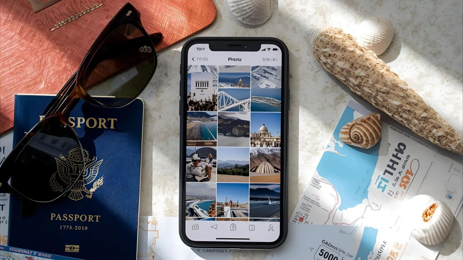 Flat-lay with passport and phone grid of travel photo dump images on a sunlit table.