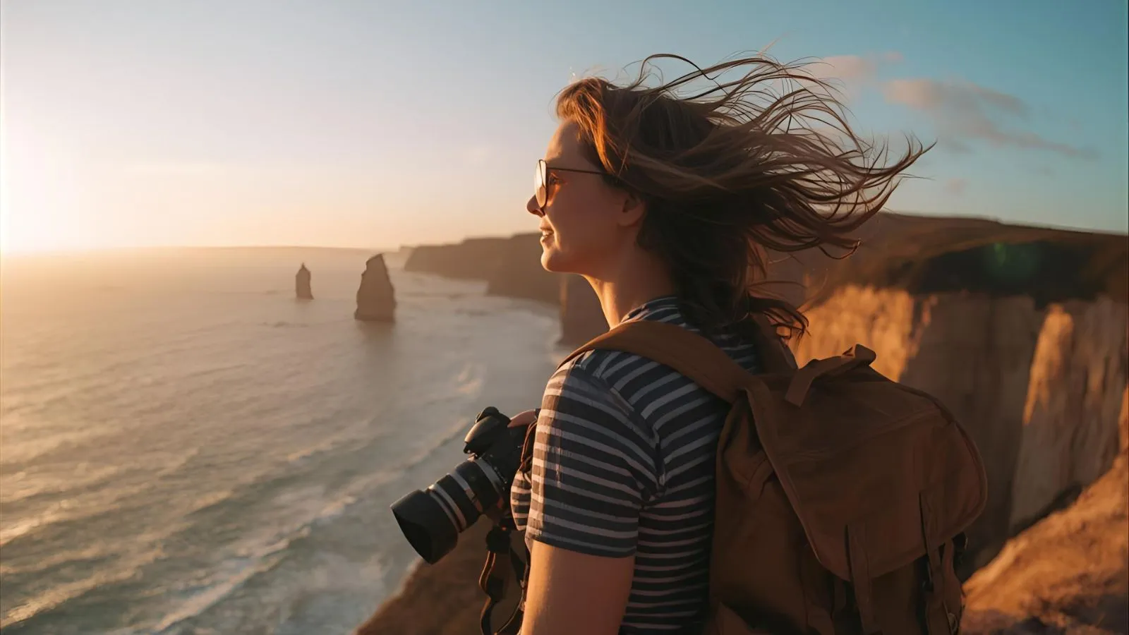 Traveler at golden hour overlooking a dramatic coastline.