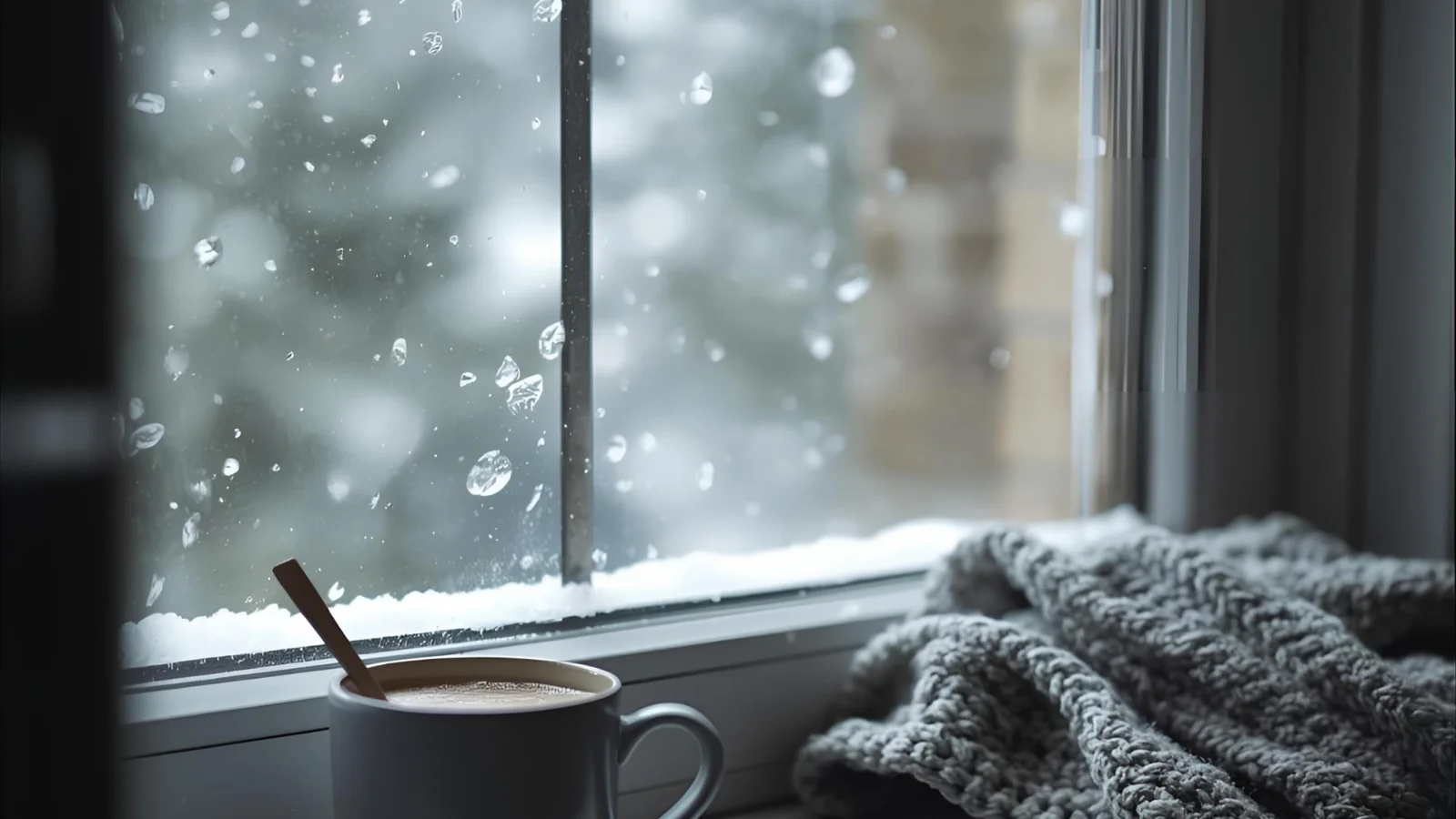 Steaming mug and knit blanket by a snowy window.