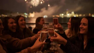 Group of friends celebrating with cheers at New Year’s Eve party in front of fireworks.