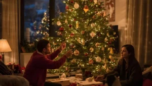 Family decorating a lit Christmas tree together in a cozy living room.