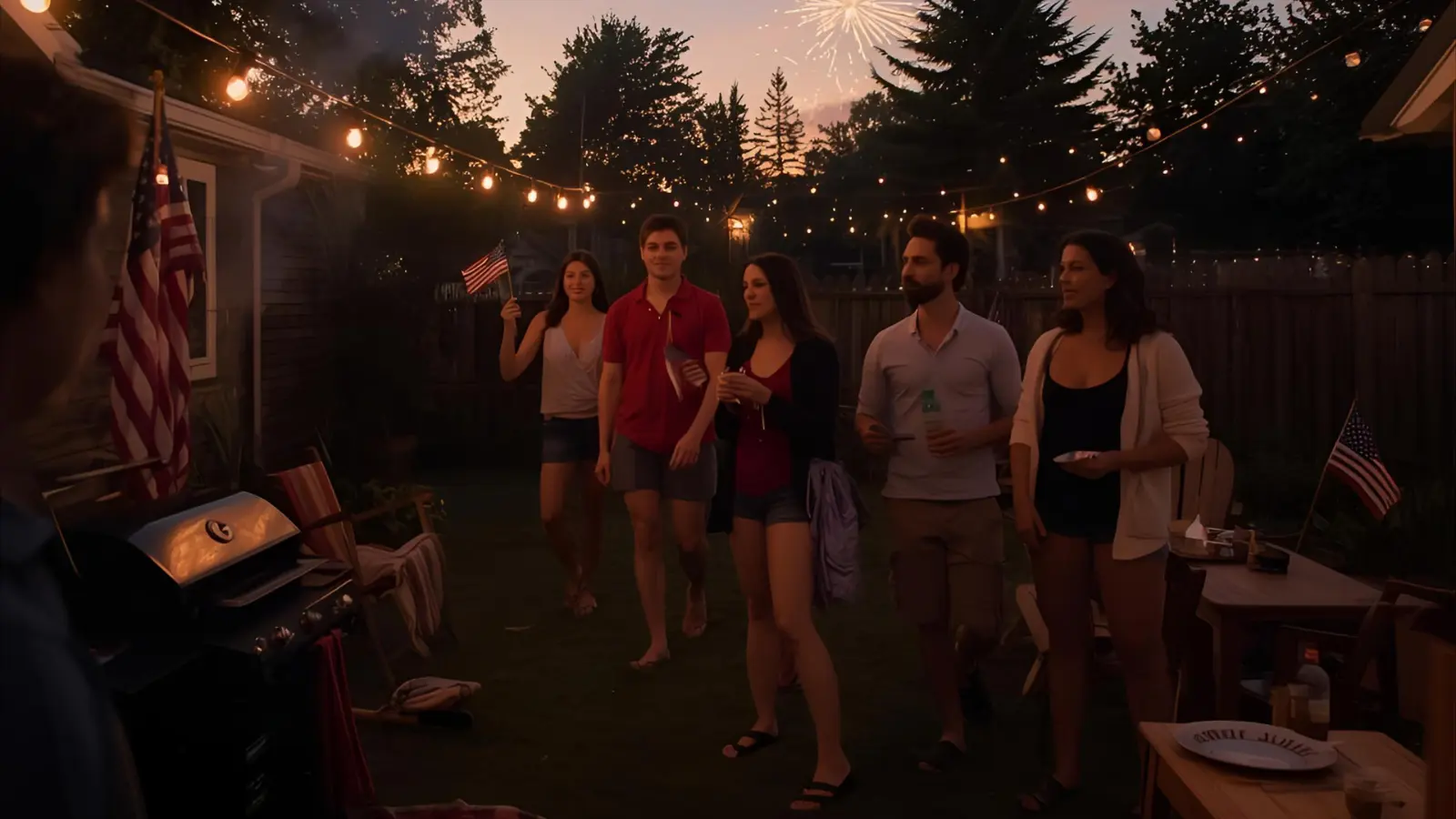 Friends and family celebrating Independence Day in a backyard with flags, a grill, and fireworks in the distance.
