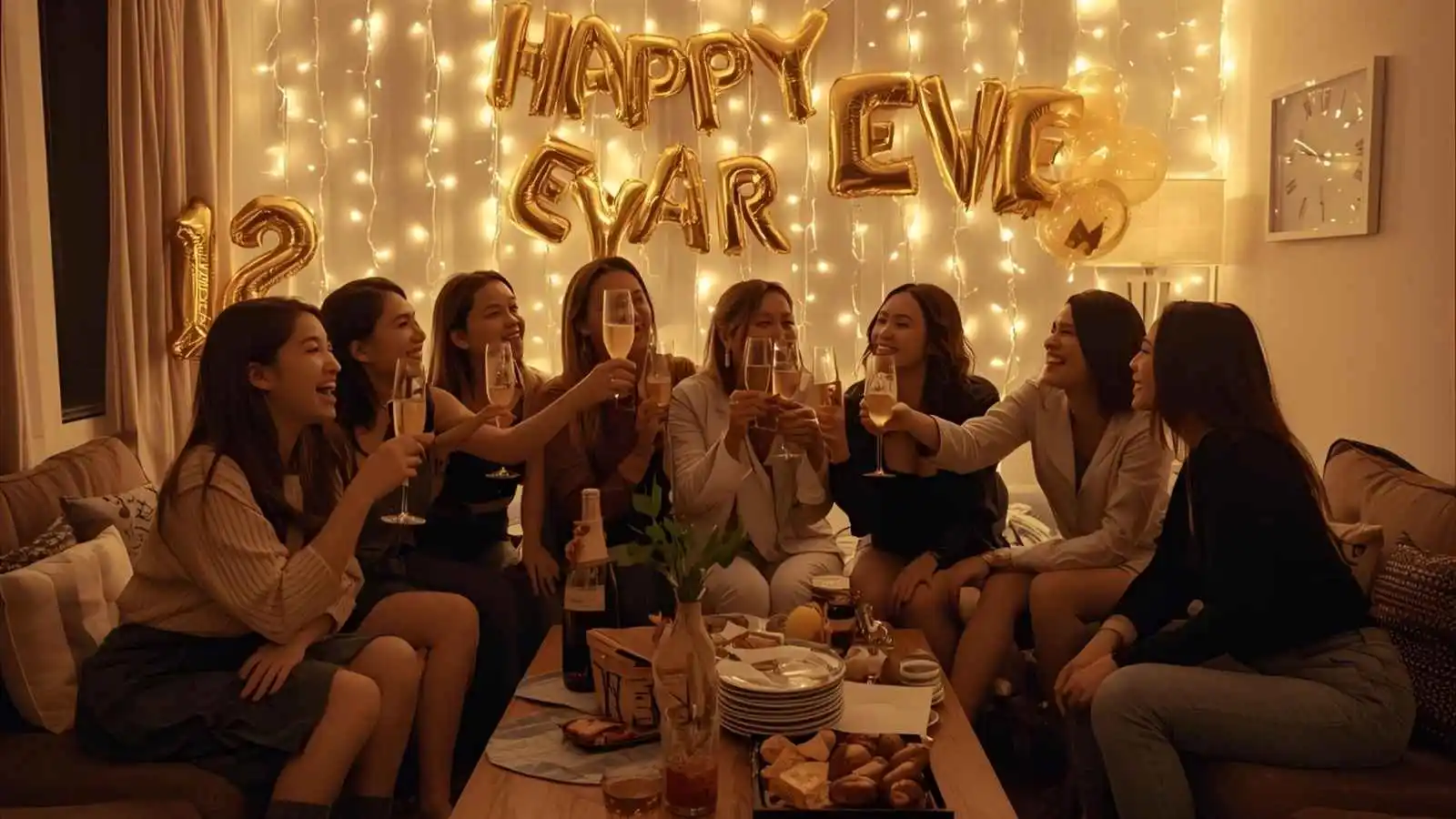 Friends celebrating a New Year’s Eve house party in a cozy living room with decorations and snacks.