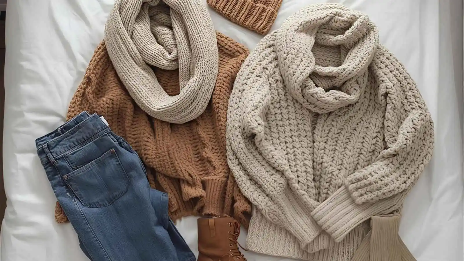 Flat lay of sweaters, jeans, boots, and a beanie styled as a cozy winter outfit on a white bed.